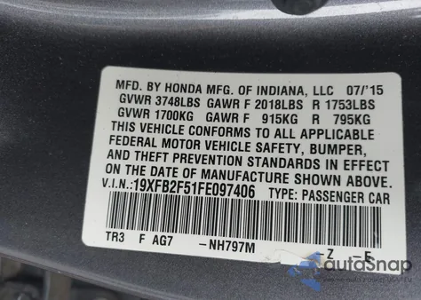 2015 Honda Civic Lx z USA, uszkodzony, nr VIN 19XFB2F51FE097406
